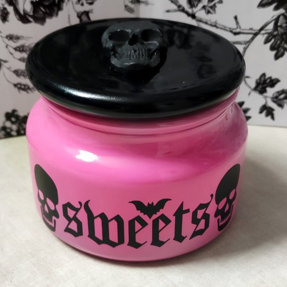 Pastel Goth SWEETS JAR | Pink+Black Glass Candy Dish w/ Skulls & Bat - Picture 1 of 3